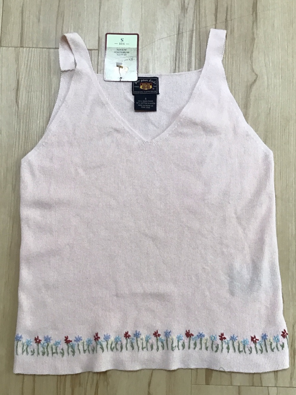 Y2K Pastel Baby Pink Knit Embroidered Flowers Tank Top Small Cottagecore Kawaii